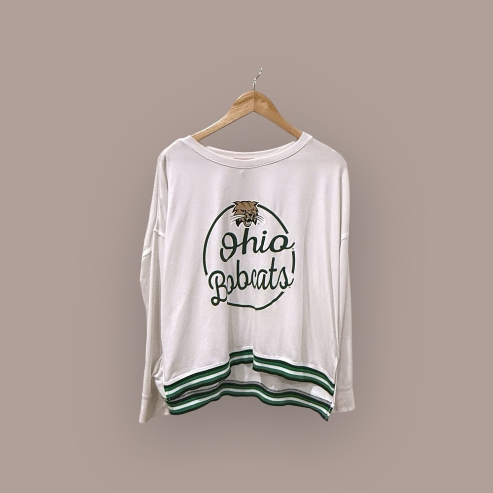 Ohio Bobcats Women’s M Sweatshirt White Green Striped Long Sleeve Pullover - Picture 2 of 6